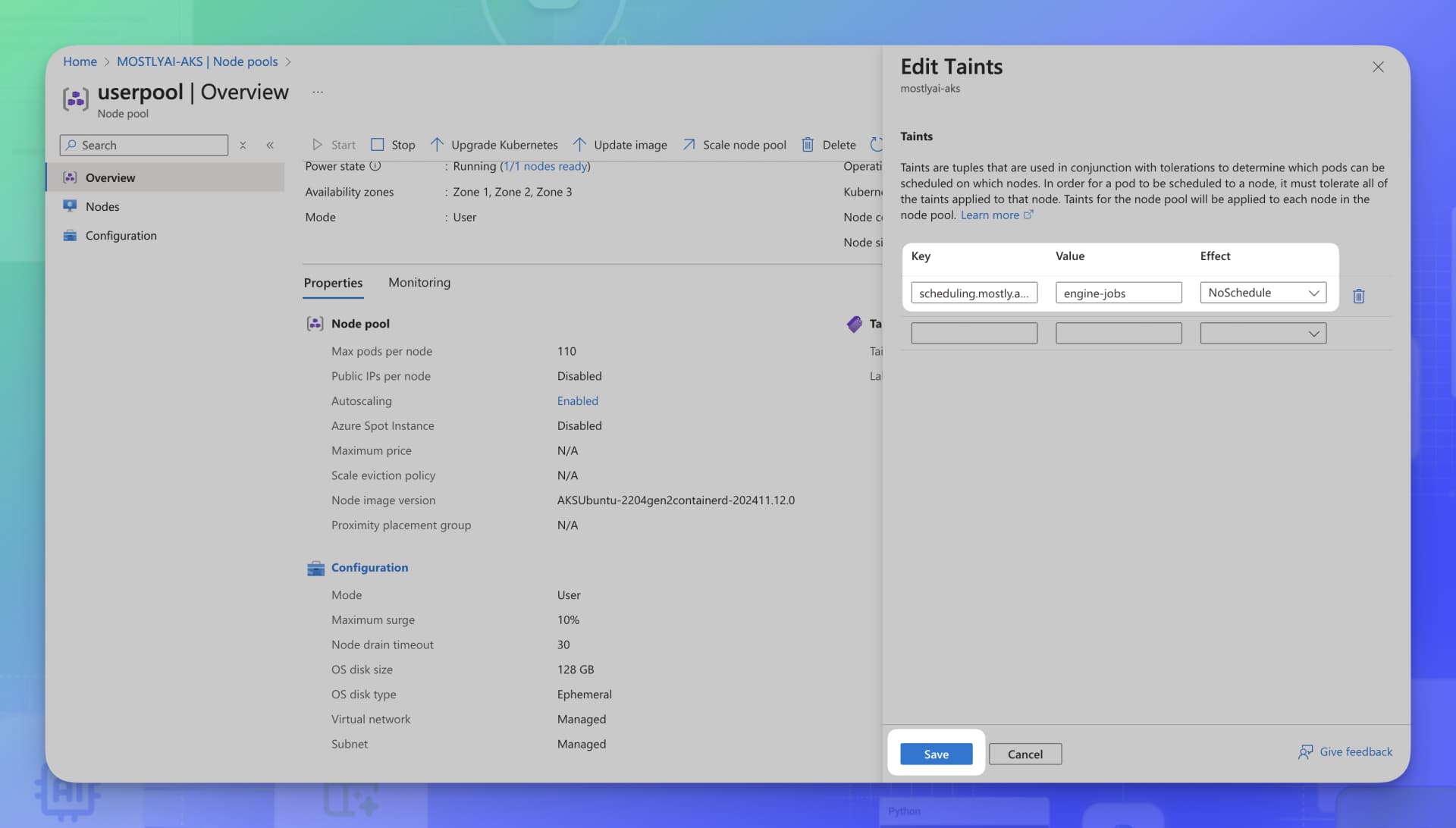 Deploy MOSTLY AI to Azure AKS - Define taint